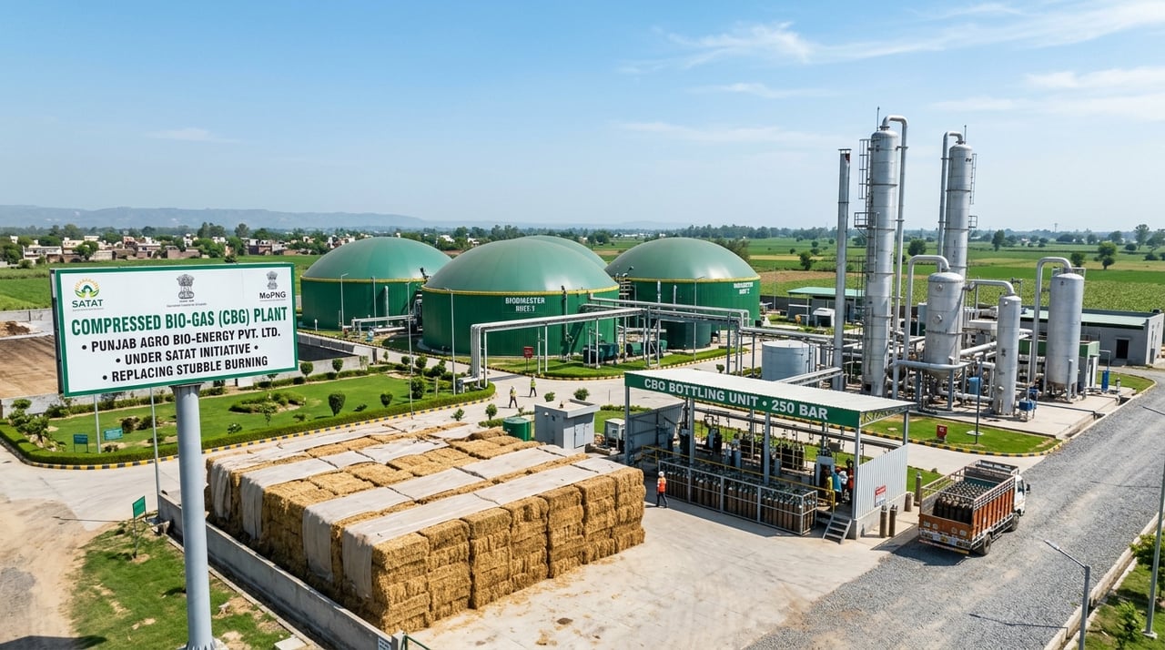 Industrial SATAT Bio-CNG biomethane plant capturing fugitive methane from rural agro-waste