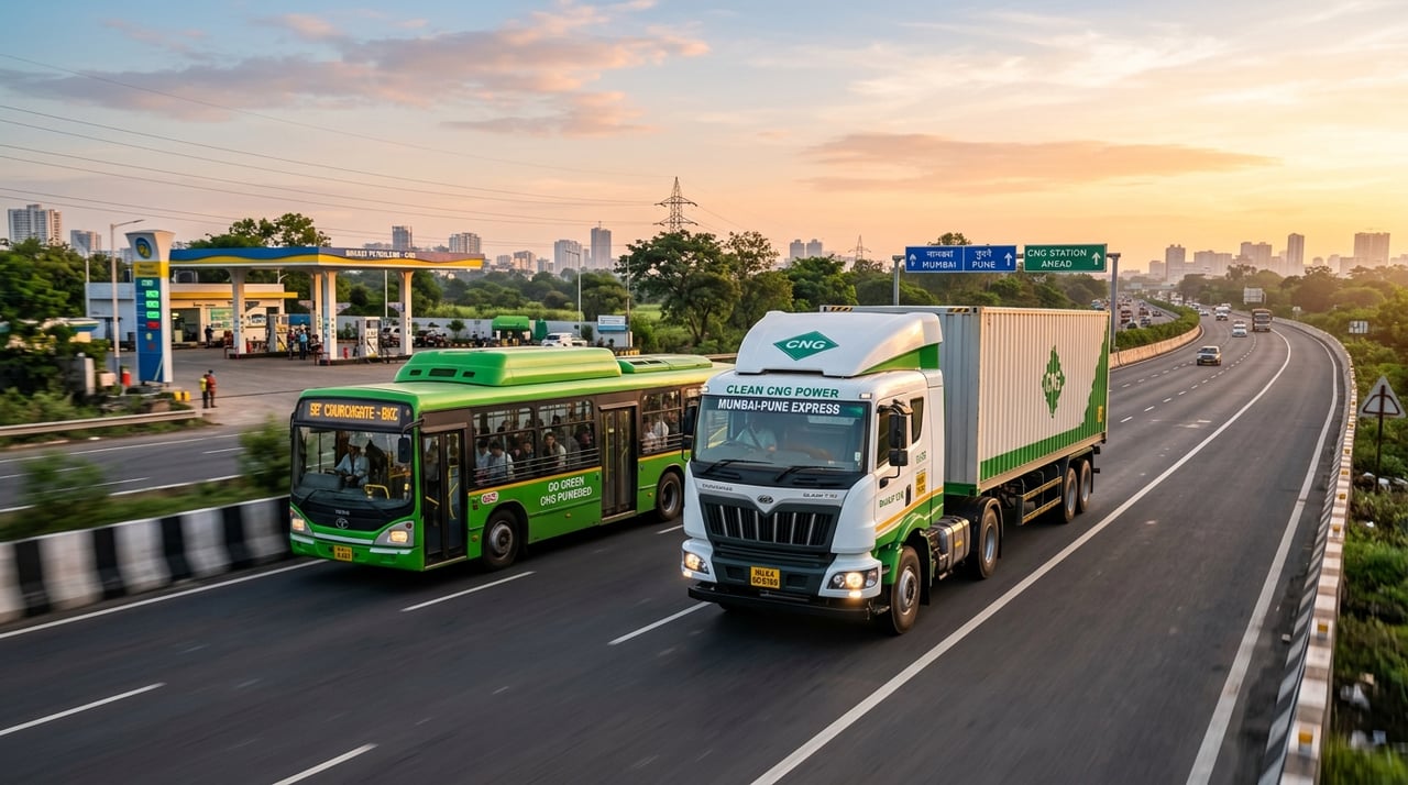 Regional commercial passenger fleet lined up at Indian fuel station with drivers