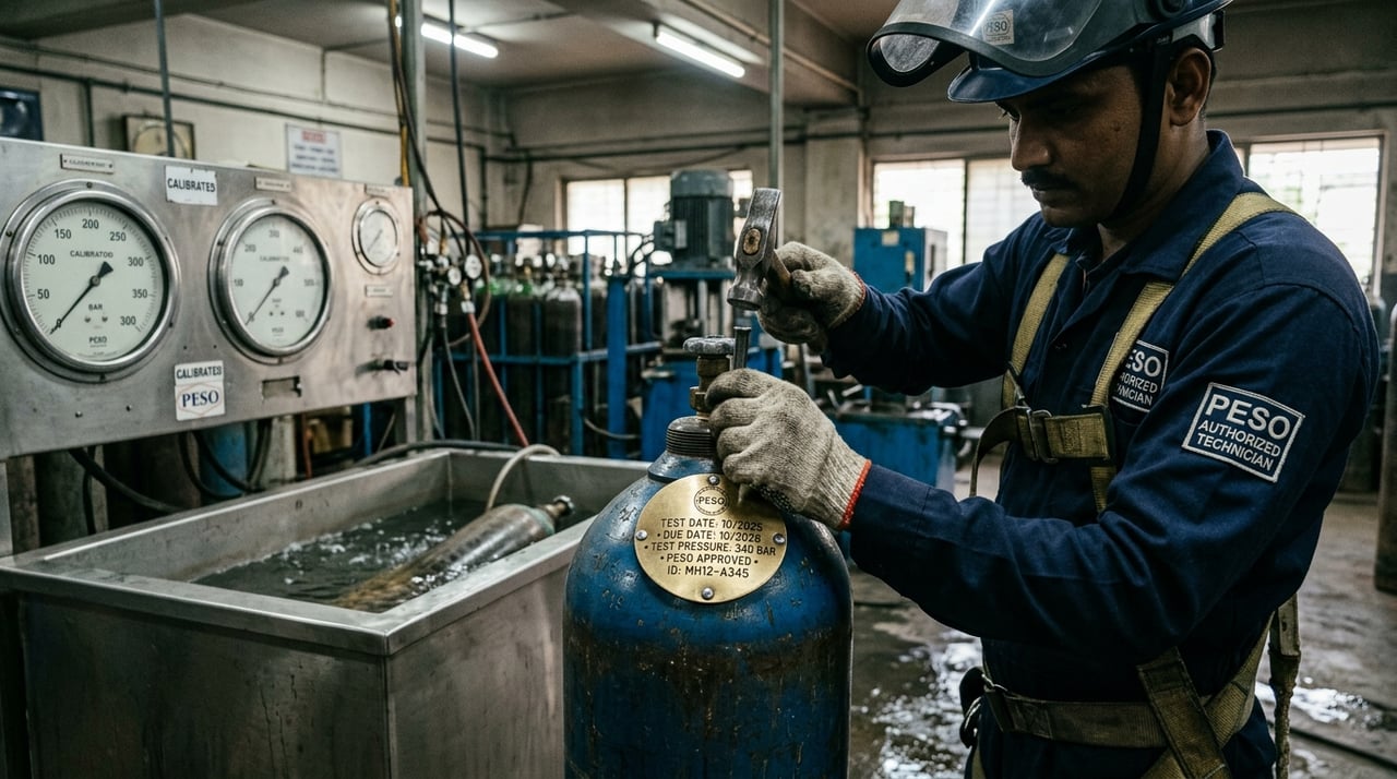 PESO authorized CNG cylinder hydrostatic testing facility with brass compliance plate