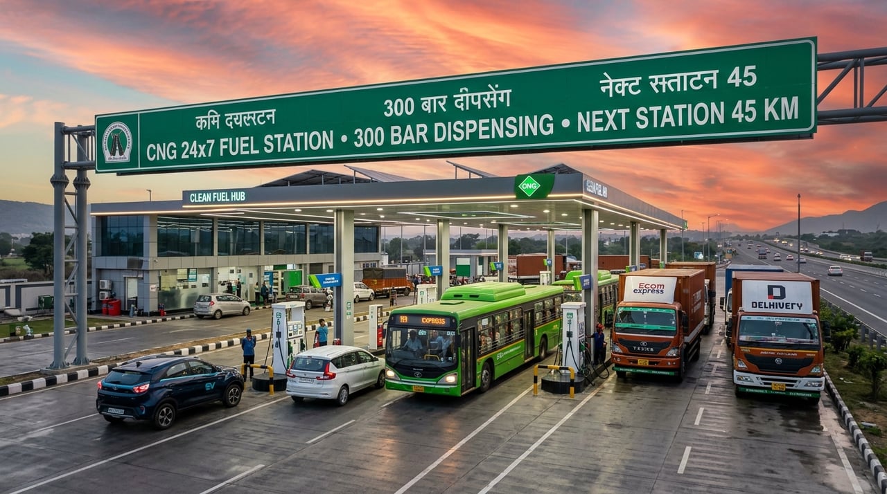 Modern Indian clean mobility fueling hub with green corridor infrastructure