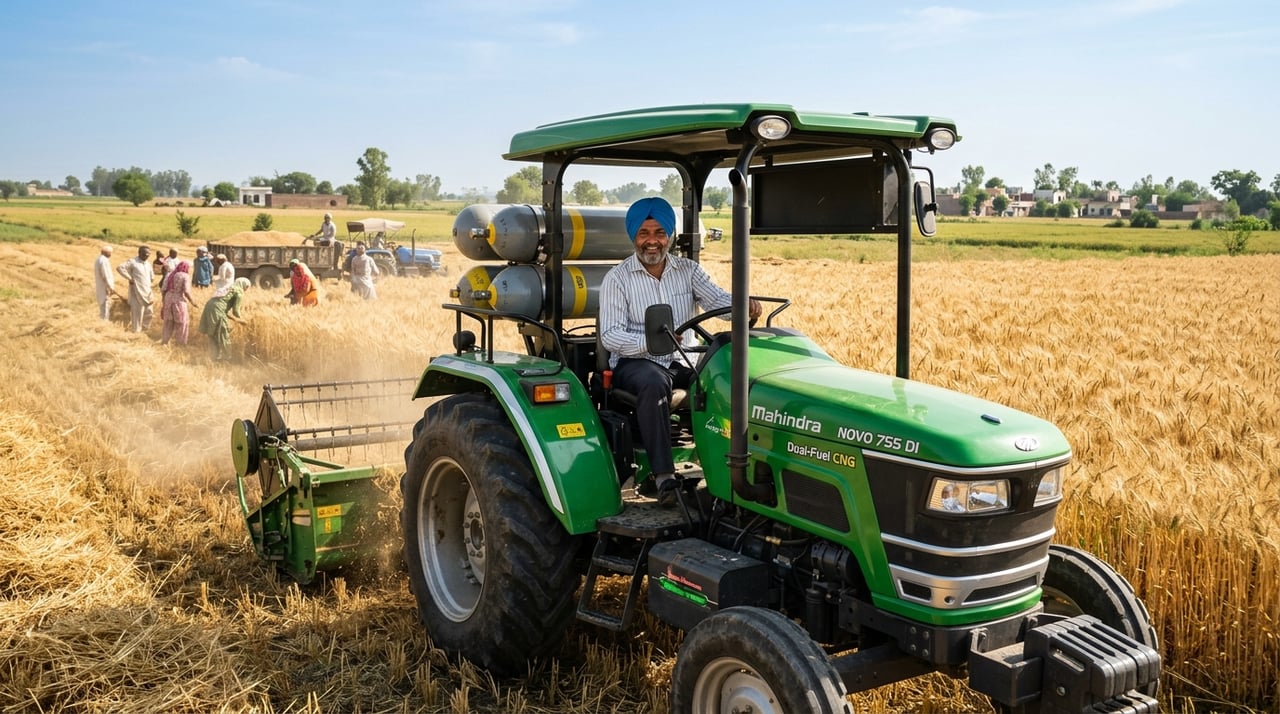 Tractor in rural agricultural farm setting illustrating clean Bio-CNG integration