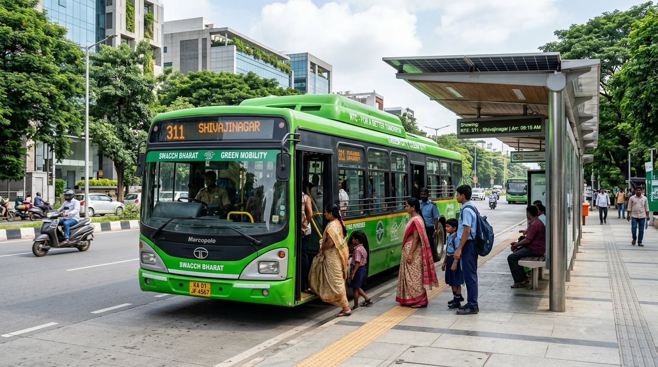 Urban transit bus operating on clean compressed natural gas in Indian metro