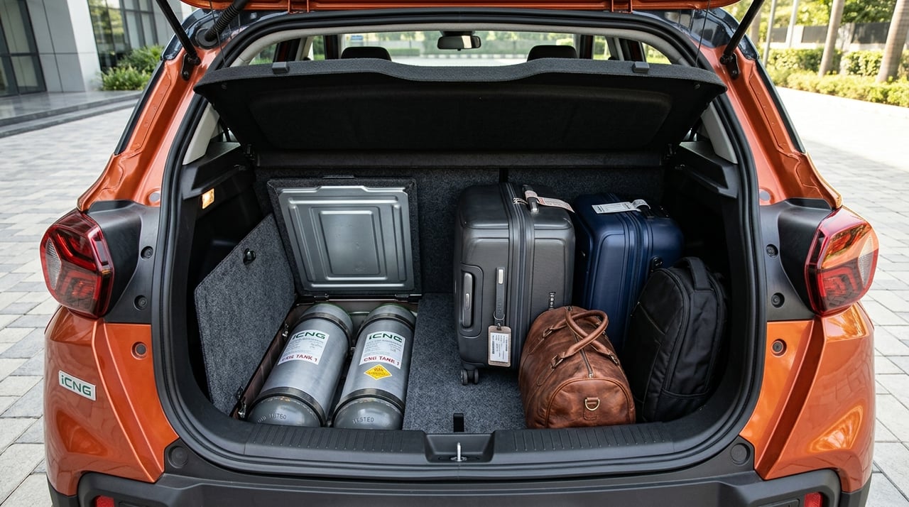 Tata dual twin cylinder CNG tank packaging under luggage floor